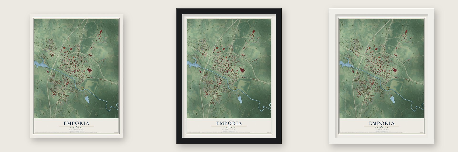 Emporia, Virginia map unframed, in a black wood frame and in a white wood frame