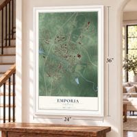 Emporia, Virginia map, 24 x 36 inch print in a white frame by a staircase