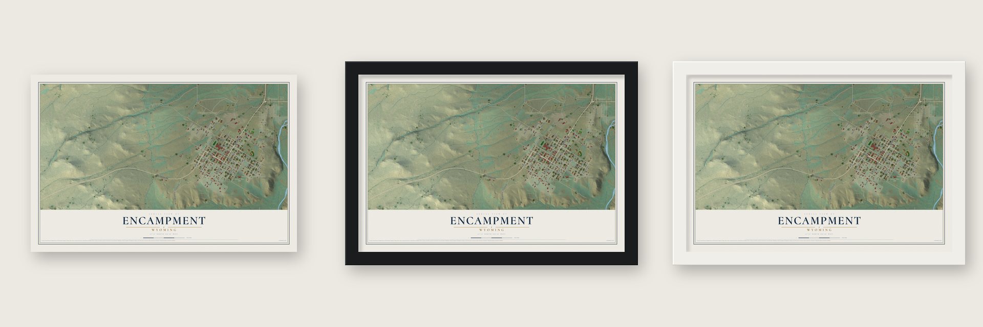 Encampment, Wyoming map unframed, in a black wood frame and in a white wood frame