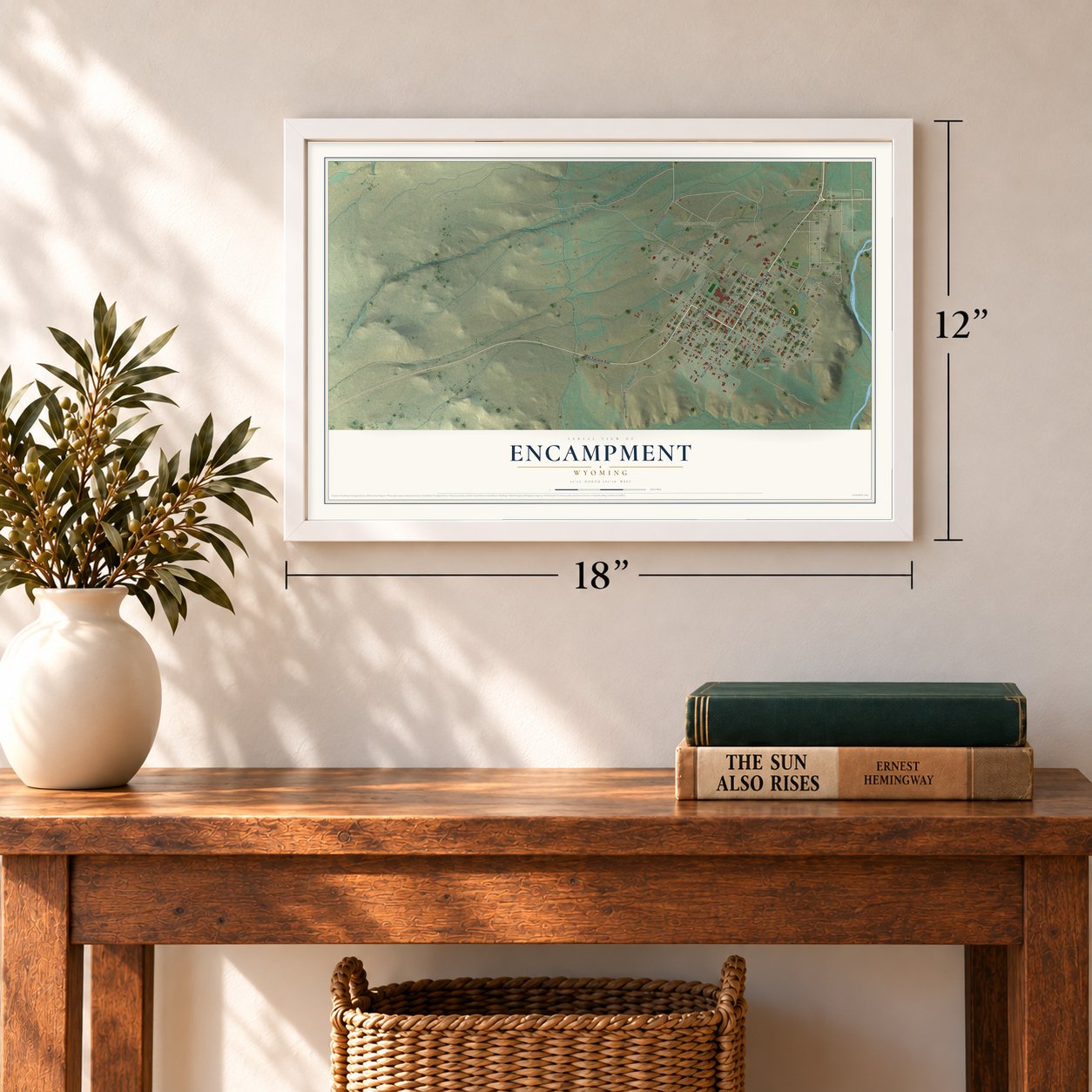 Encampment, Wyoming map, 12 x 18 inch print in a white frame in an entryway