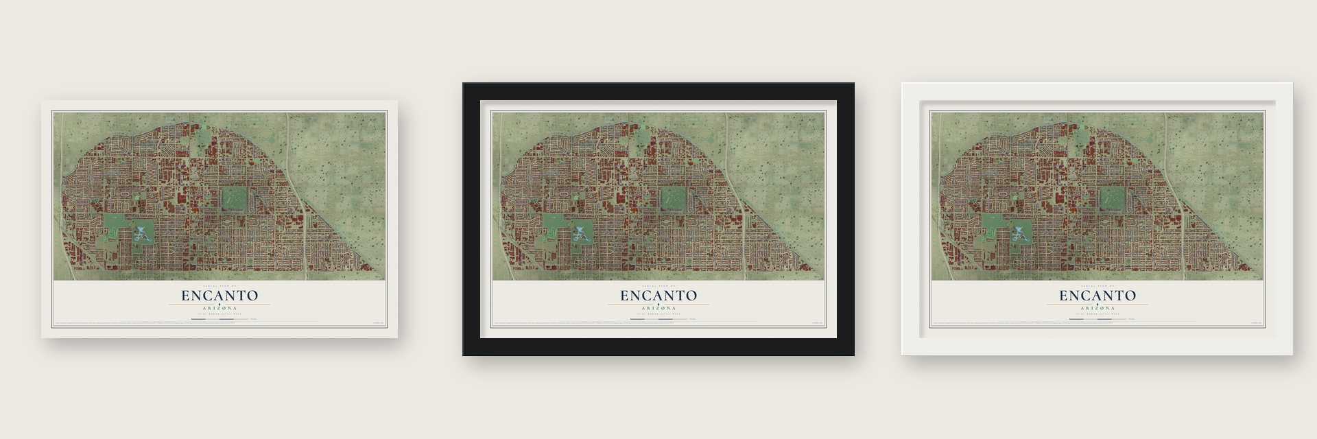 Encanto, Arizona map unframed, in a black wood frame and in a white wood frame