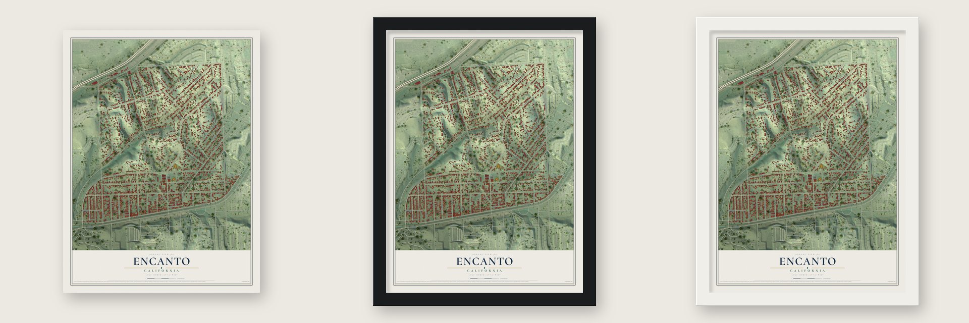Encanto, California map unframed, in a black wood frame and in a white wood frame