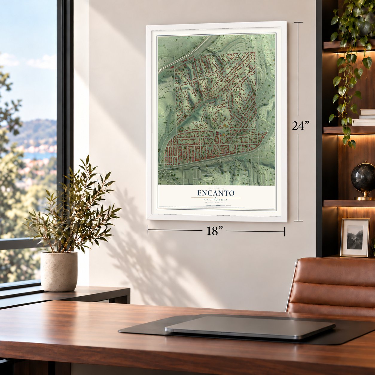 Encanto, California map, 18 x 24 inch print in a white frame in a home office