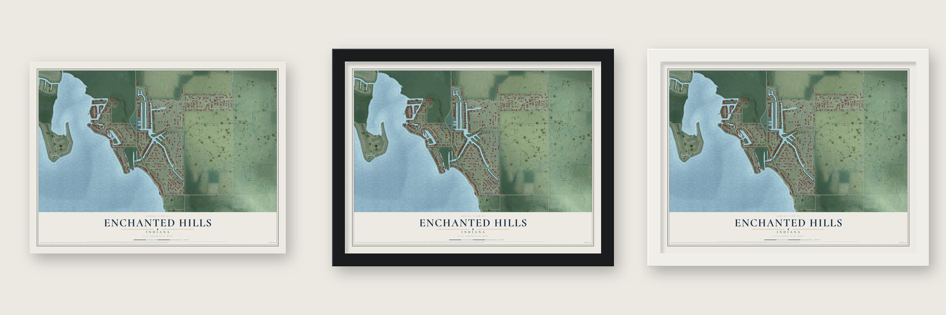 Enchanted Hills, Indiana map unframed, in a black wood frame and in a white wood frame