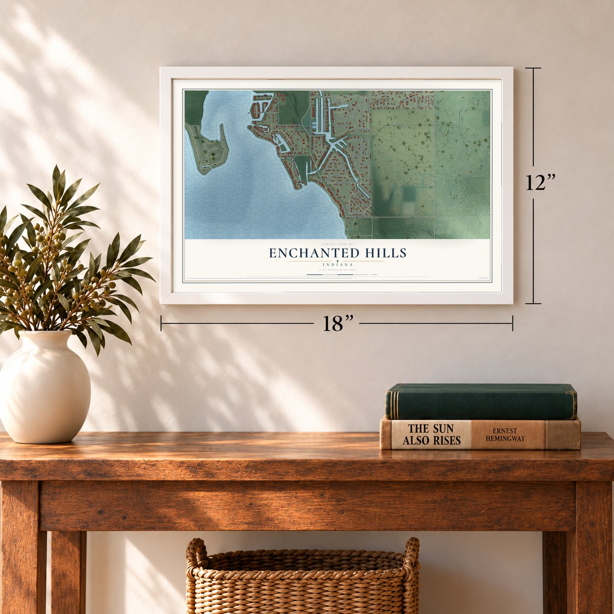 Enchanted Hills, Indiana map, 12 x 18 inch print in a white frame in an entryway