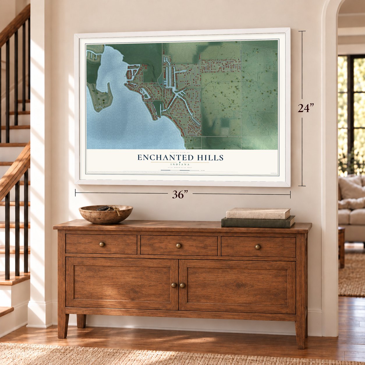 Enchanted Hills, Indiana map, 24 x 36 inch print in a white frame above a dresser by a staircase