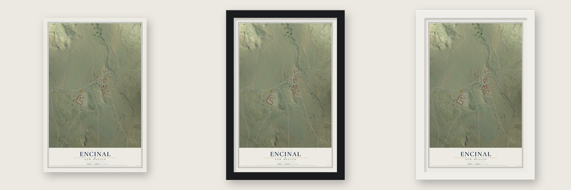 Encinal, New Mexico map unframed, in a black wood frame and in a white wood frame