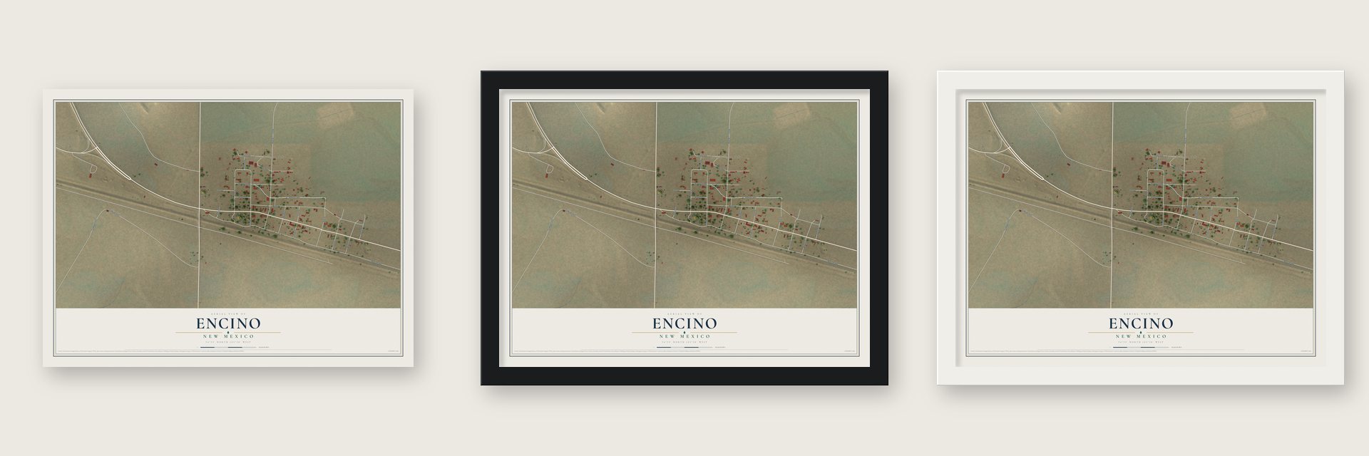 Encino, New Mexico map unframed, in a black wood frame and in a white wood frame