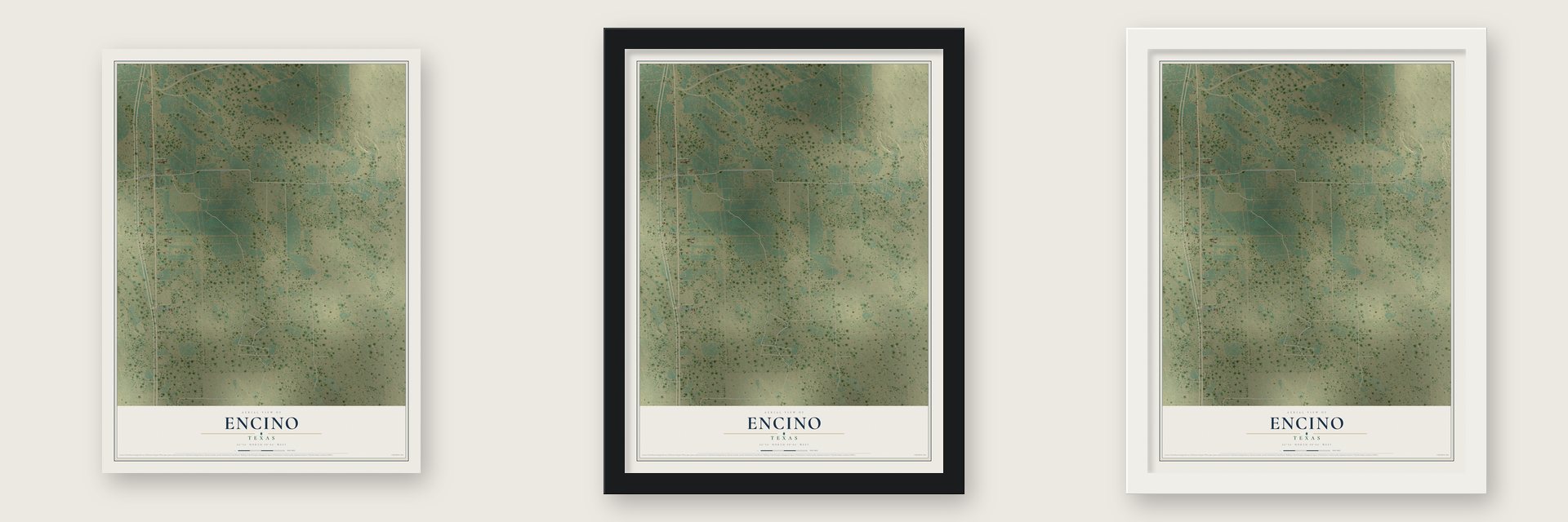 Encino, Texas map unframed, in a black wood frame and in a white wood frame