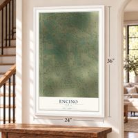 Encino, Texas map, 24 x 36 inch print in a white frame by a staircase