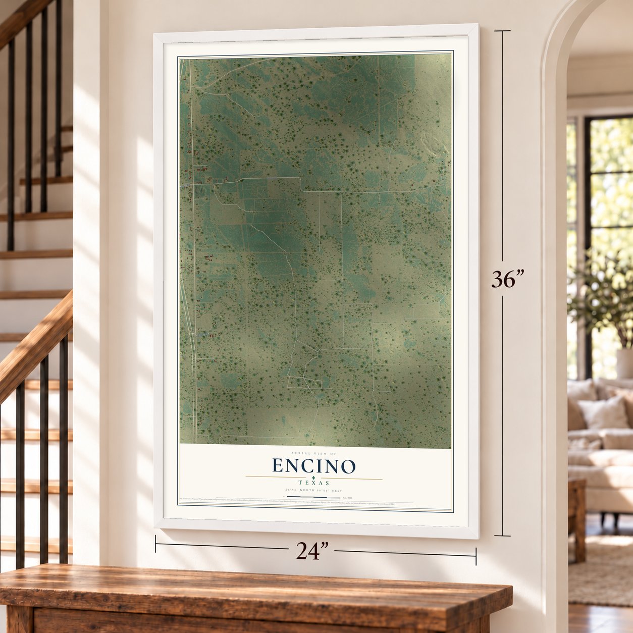 Encino, Texas map, 24 x 36 inch print in a white frame by a staircase