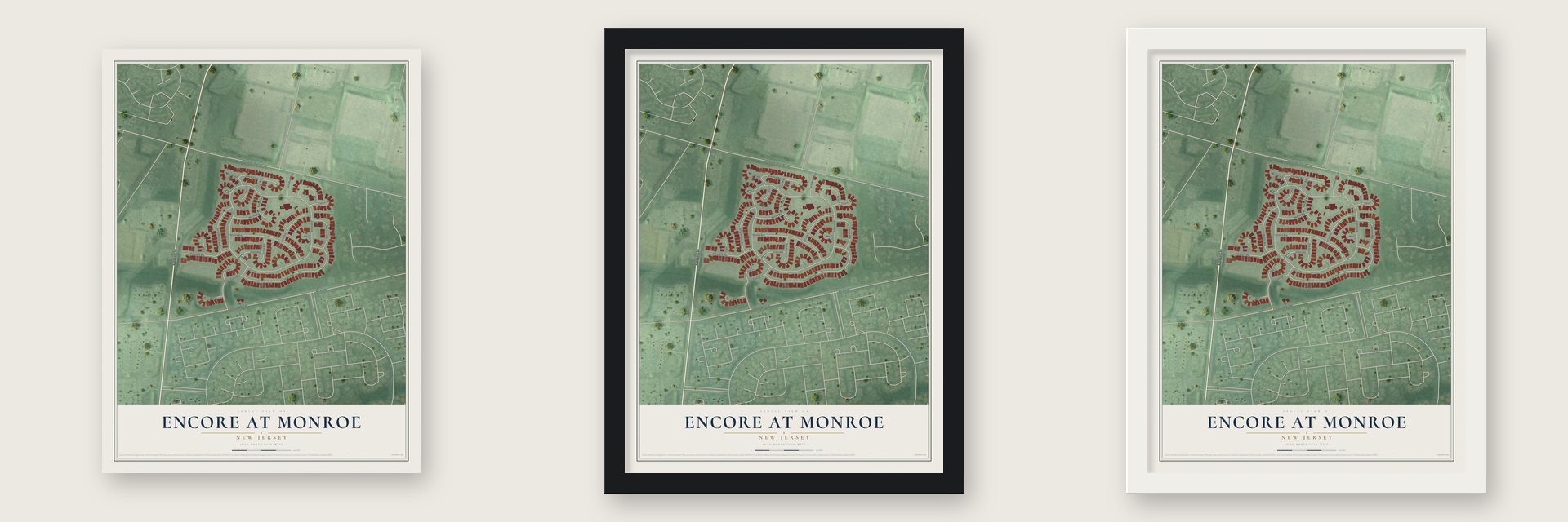 Encore at Monroe, New Jersey map unframed, in a black wood frame and in a white wood frame
