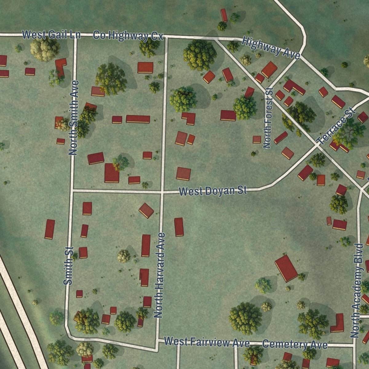 Second close-up of the map of Endeavor, Wisconsin print showing more streets and buildings