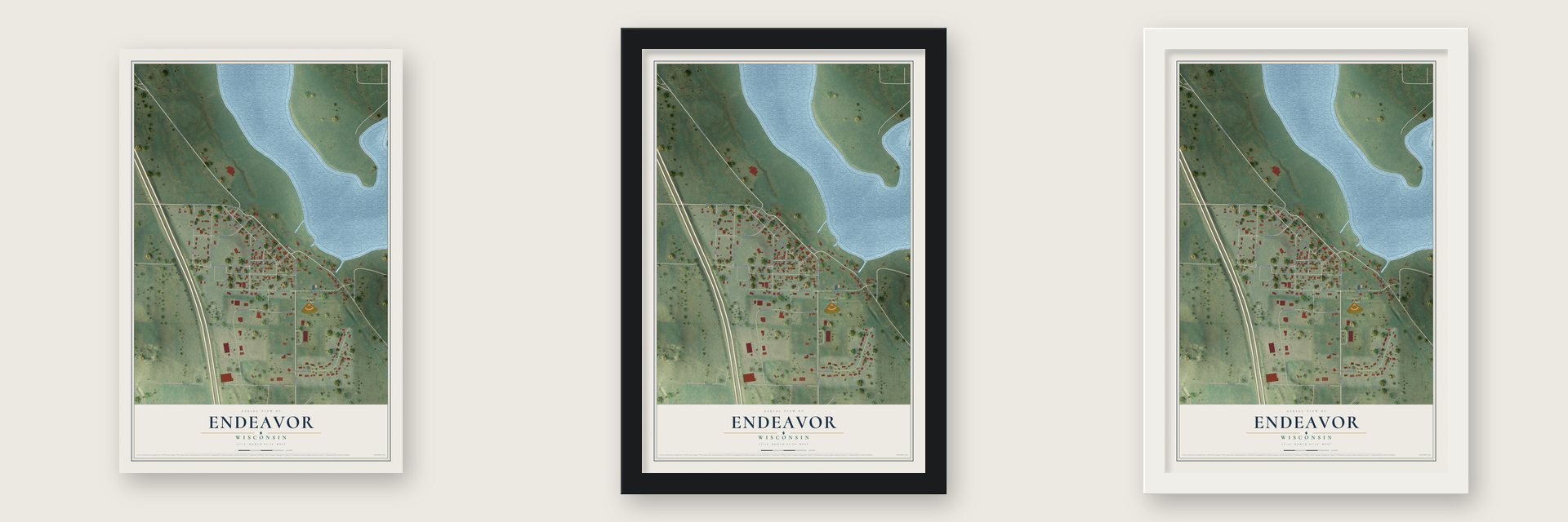 Endeavor, Wisconsin map unframed, in a black wood frame and in a white wood frame