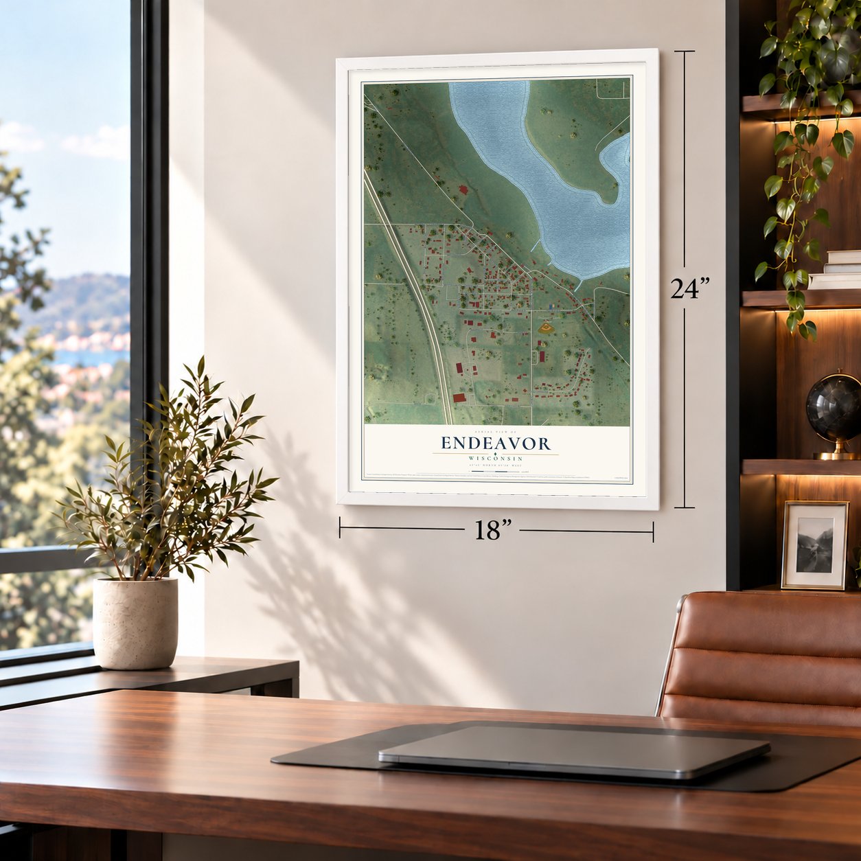 Endeavor, Wisconsin map, 18 x 24 inch print in a white frame in a home office