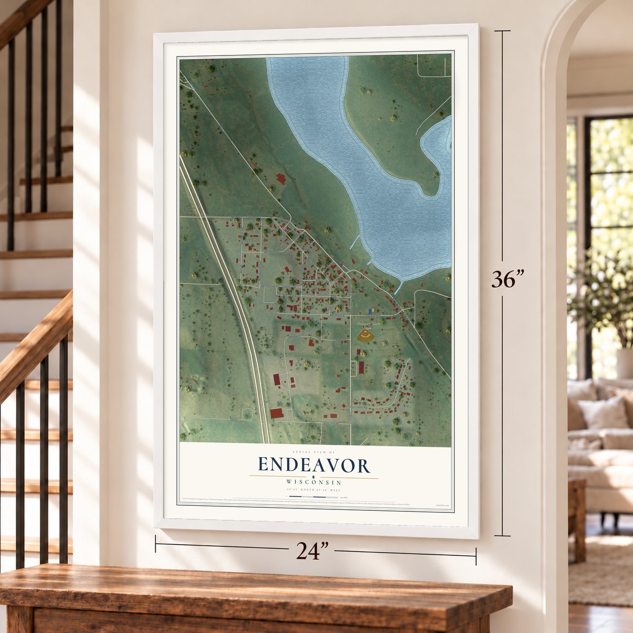 Endeavor, Wisconsin map, 24 x 36 inch print in a white frame by a staircase