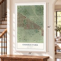 Enderis Park, Wisconsin map, 24 x 36 inch print in a white frame by a staircase