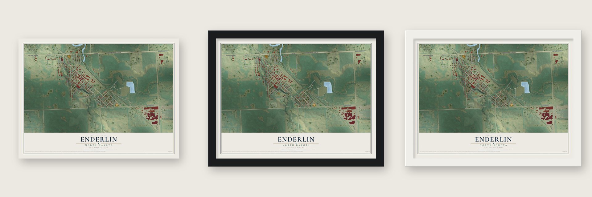 Enderlin, North Dakota map unframed, in a black wood frame and in a white wood frame