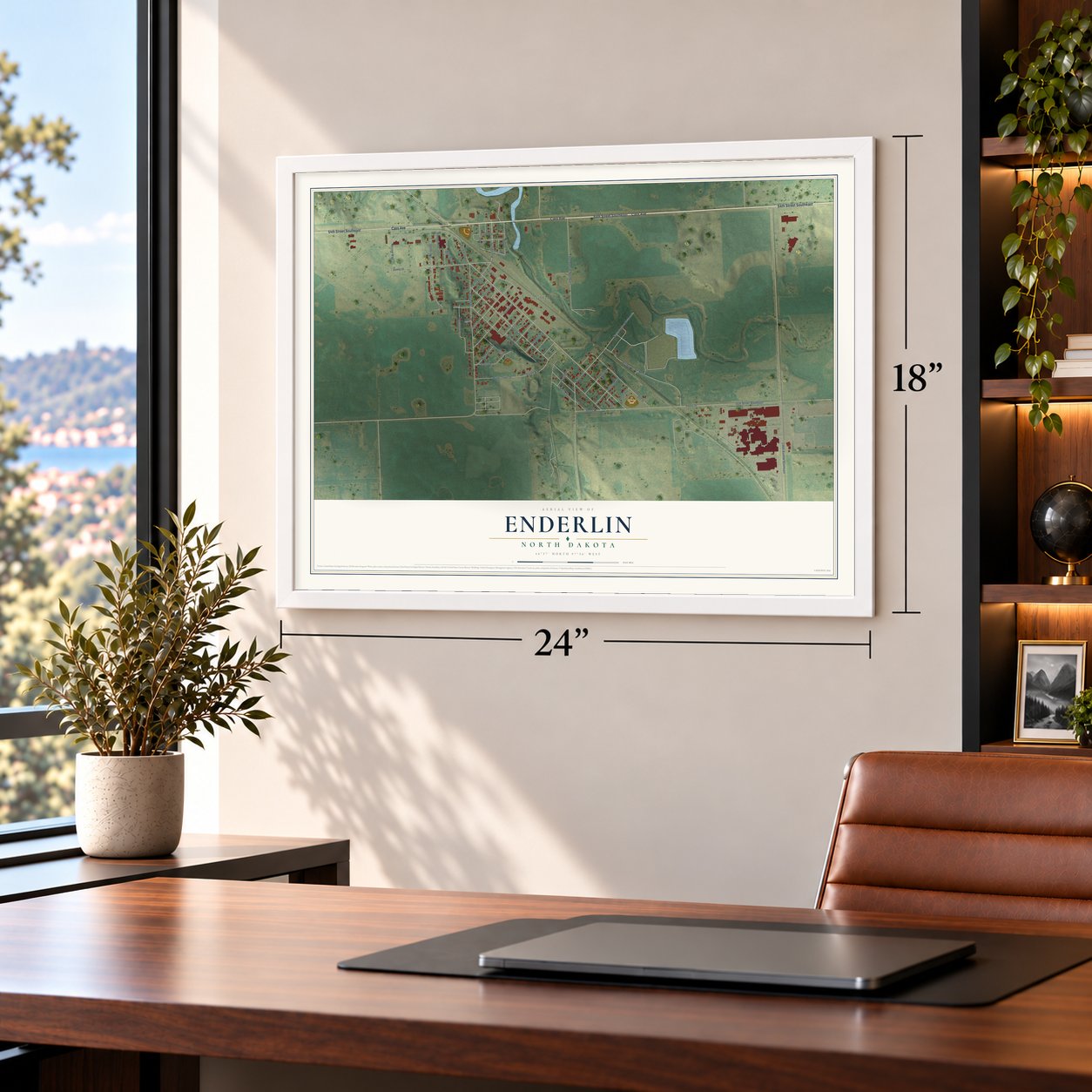 Enderlin, North Dakota map, 18 x 24 inch print in a white frame in a home office