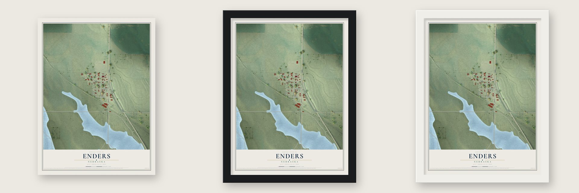 Enders, Nebraska map unframed, in a black wood frame and in a white wood frame