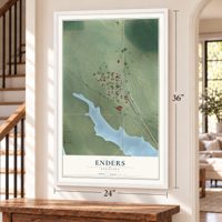 Enders, Nebraska map, 24 x 36 inch print in a white frame by a staircase