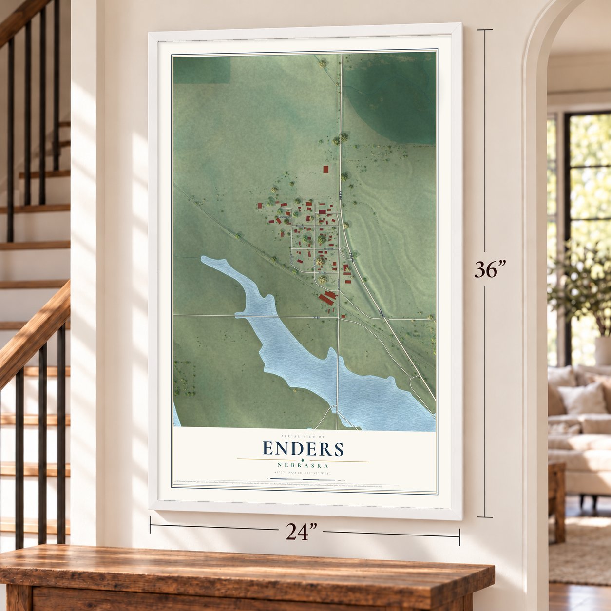 Enders, Nebraska map, 24 x 36 inch print in a white frame by a staircase