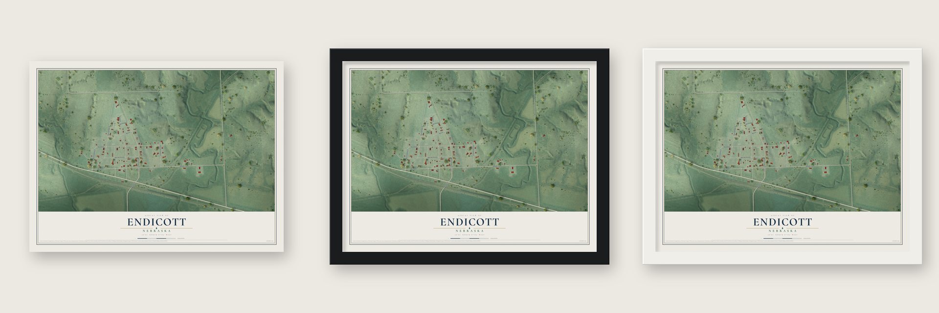 Endicott, Nebraska map unframed, in a black wood frame and in a white wood frame