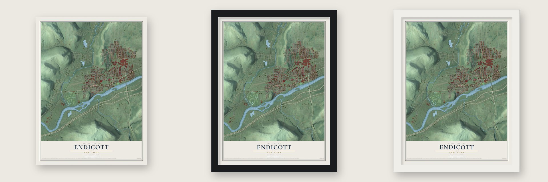 Endicott, New York map unframed, in a black wood frame and in a white wood frame