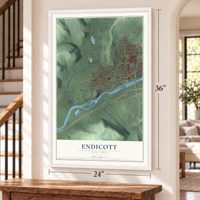 Endicott, New York map, 24 x 36 inch print in a white frame by a staircase
