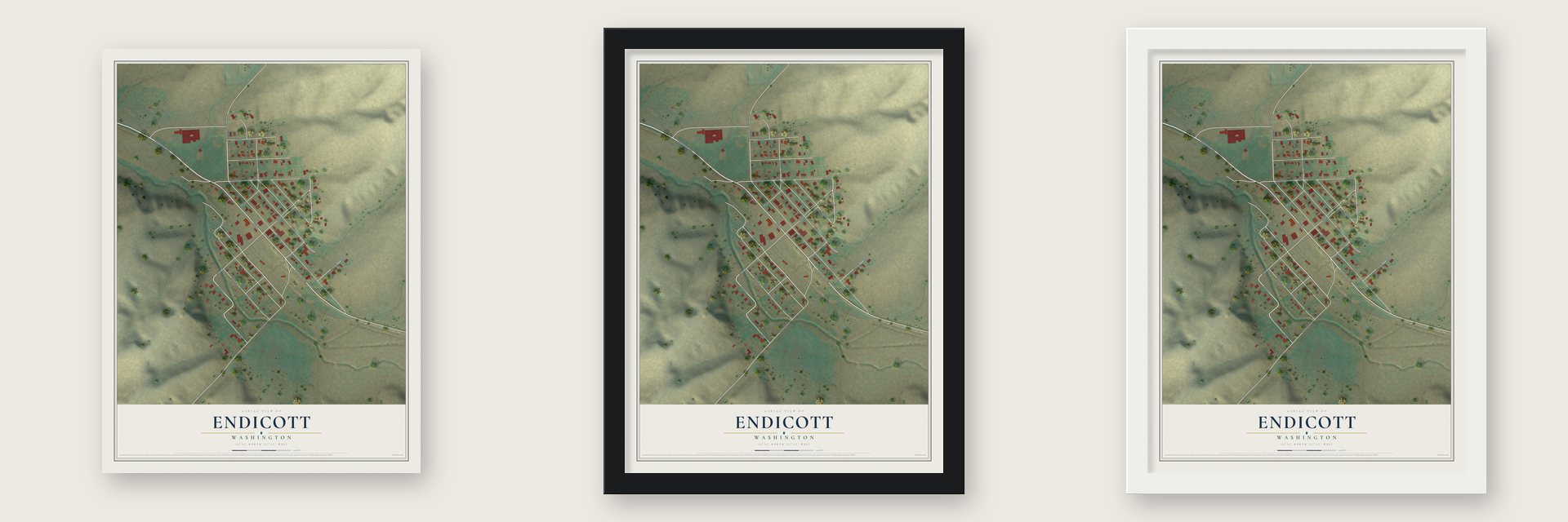 Endicott, Washington map unframed, in a black wood frame and in a white wood frame