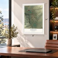 Endicott, Washington map, 18 x 24 inch print in a white frame in a home office