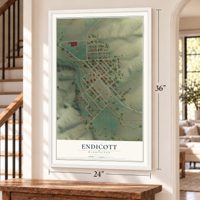 Endicott, Washington map, 24 x 36 inch print in a white frame by a staircase