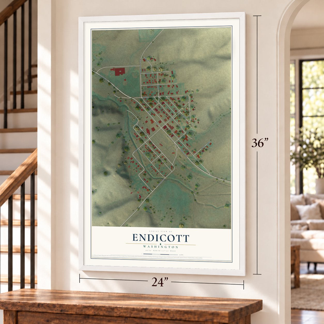 Endicott, Washington map, 24 x 36 inch print in a white frame by a staircase