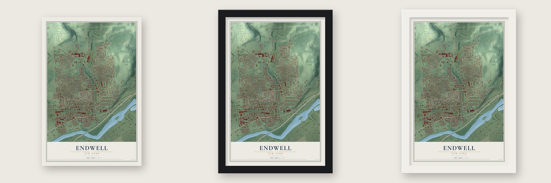 Endwell, New York map unframed, in a black wood frame and in a white wood frame