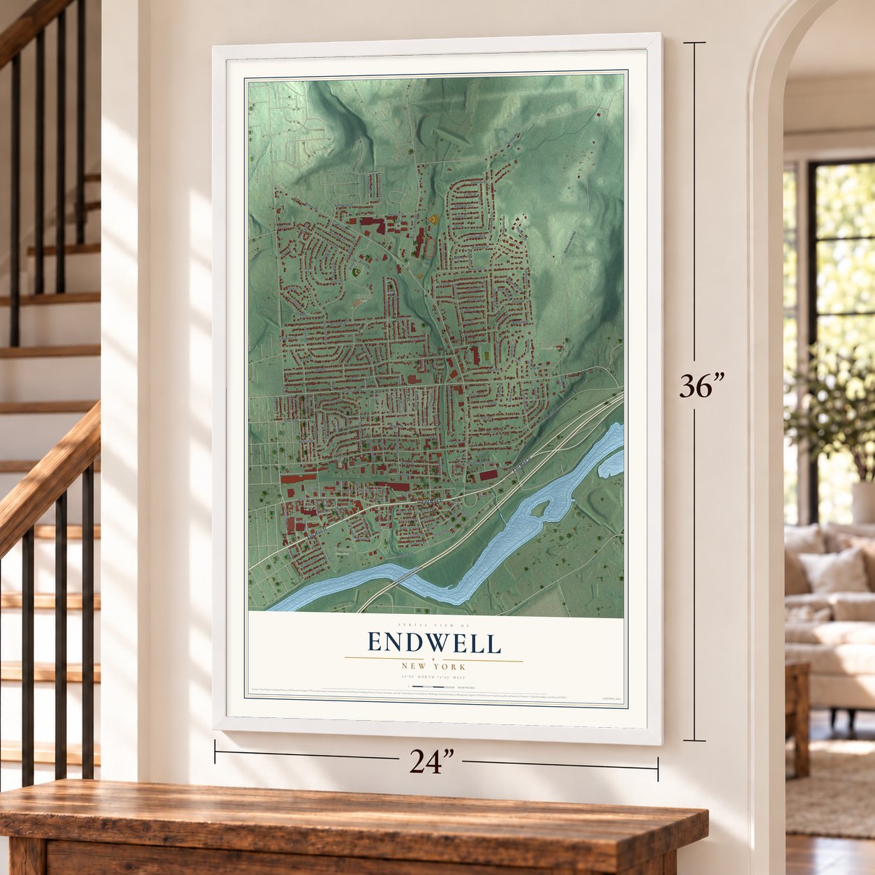 Endwell, New York map, 24 x 36 inch print in a white frame by a staircase