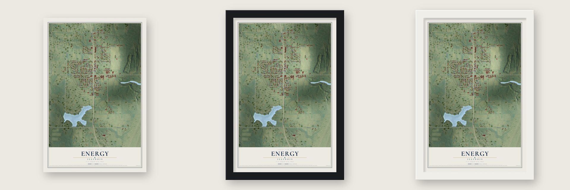 Energy, Illinois map unframed, in a black wood frame and in a white wood frame
