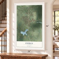 Energy, Illinois map, 24 x 36 inch print in a white frame by a staircase