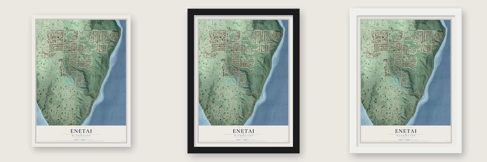 Enetai, Washington map unframed, in a black wood frame and in a white wood frame
