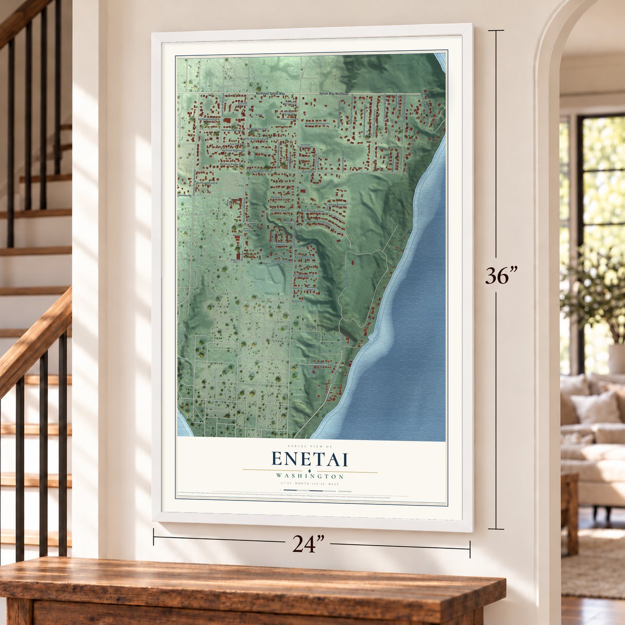 Enetai, Washington map, 24 x 36 inch print in a white frame by a staircase