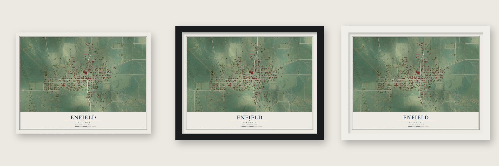 Enfield, Illinois map unframed, in a black wood frame and in a white wood frame