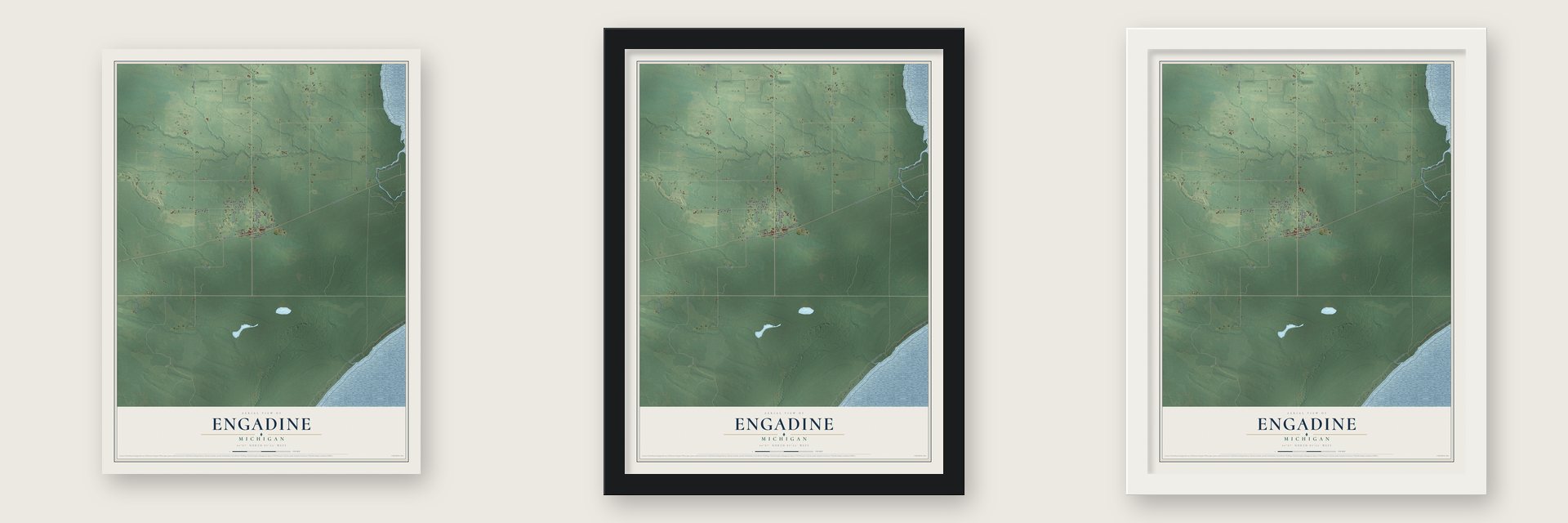 Engadine, Michigan map unframed, in a black wood frame and in a white wood frame