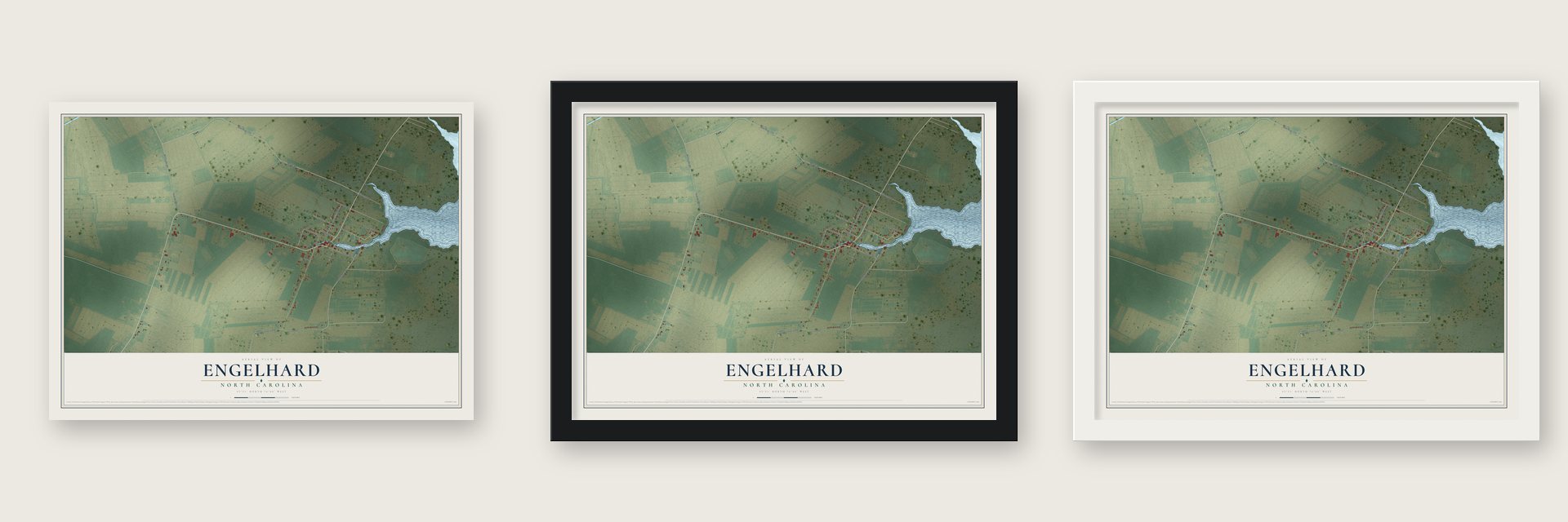 Engelhard, North Carolina map unframed, in a black wood frame and in a white wood frame
