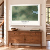 Engelhard, North Carolina map, 24 x 36 inch print in a white frame above a dresser by a staircase