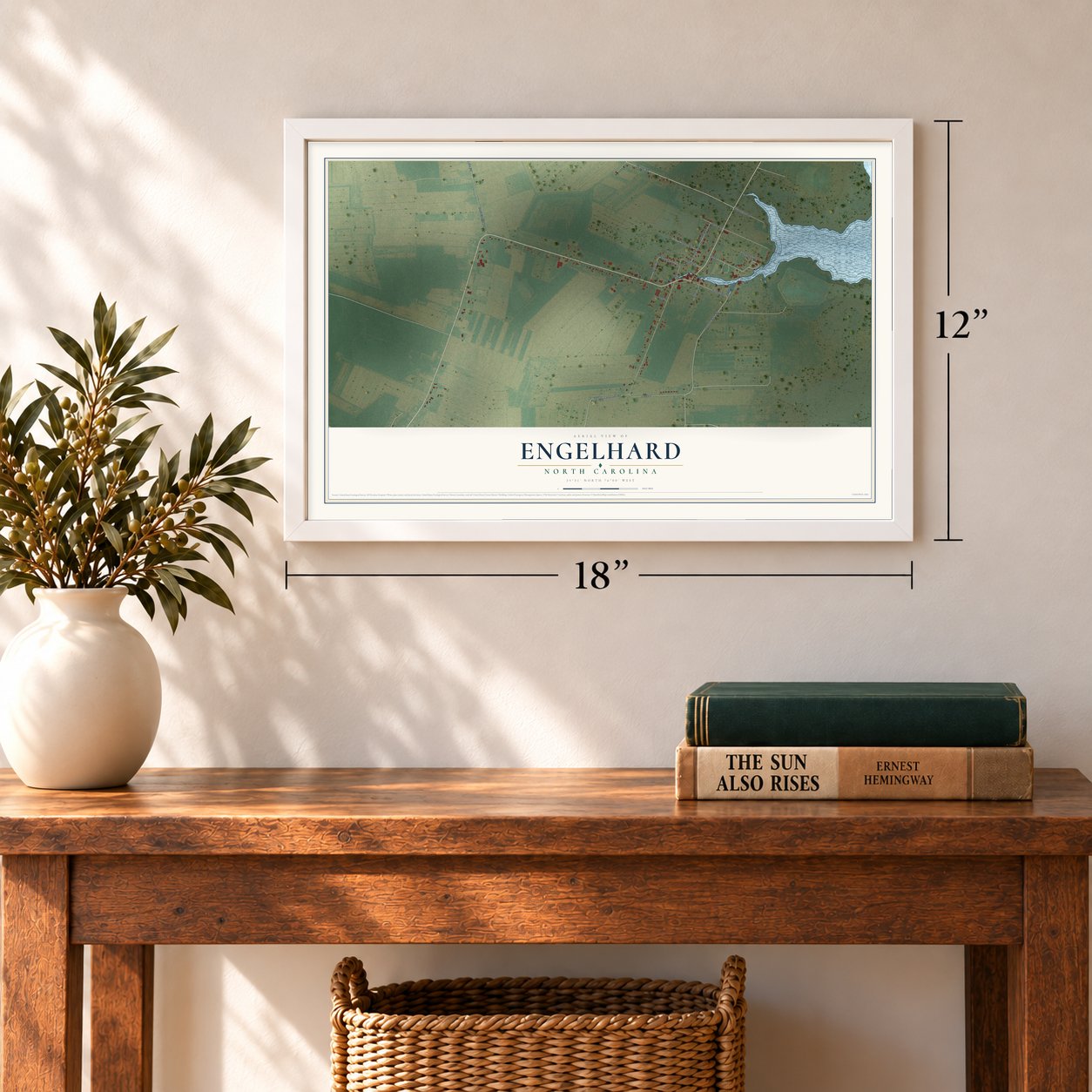Engelhard, North Carolina map, 12 x 18 inch print in a white frame in an entryway