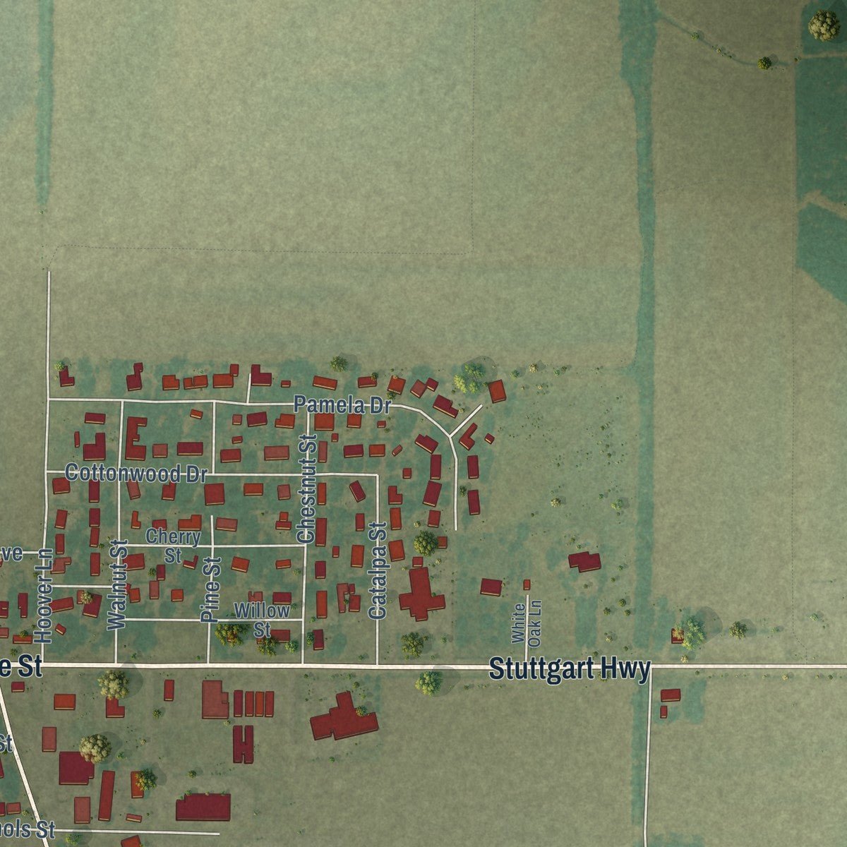 Second close-up of the map of England, Arkansas print showing more streets and buildings