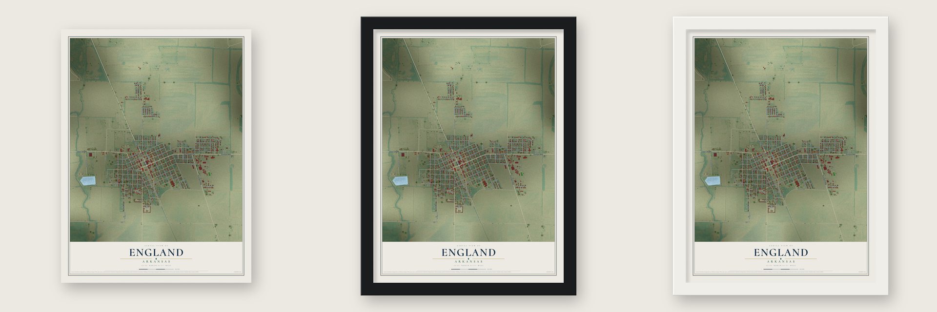 England, Arkansas map unframed, in a black wood frame and in a white wood frame