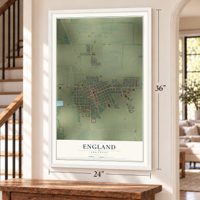 England, Arkansas map, 24 x 36 inch print in a white frame by a staircase
