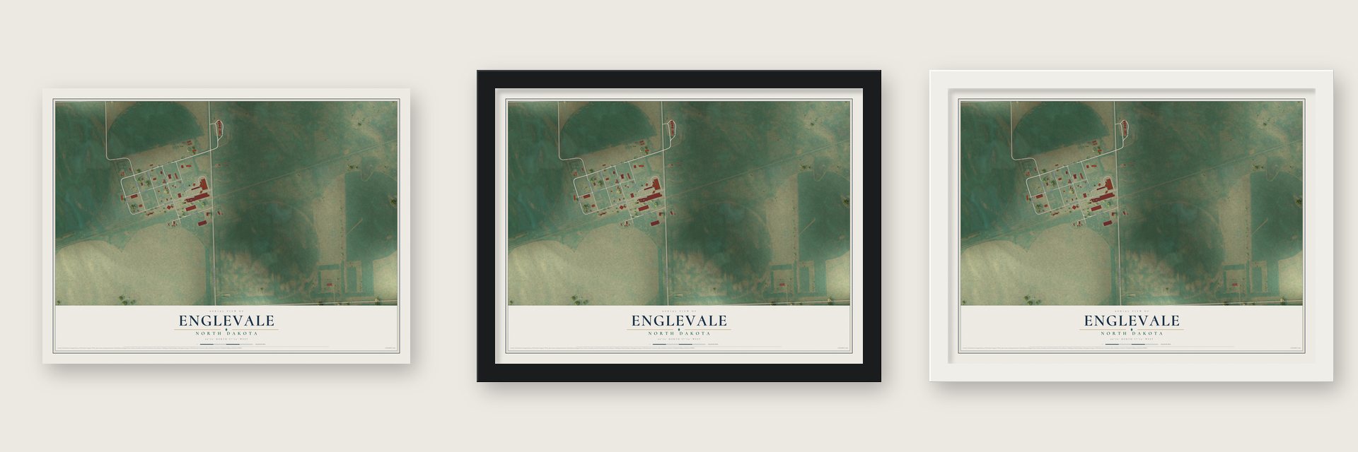 Englevale, North Dakota map unframed, in a black wood frame and in a white wood frame