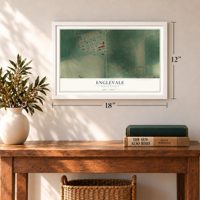 Englevale, North Dakota map, 12 x 18 inch print in a white frame in an entryway