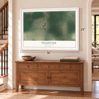 Englevale, North Dakota map, 24 x 36 inch print in a white frame above a dresser by a staircase